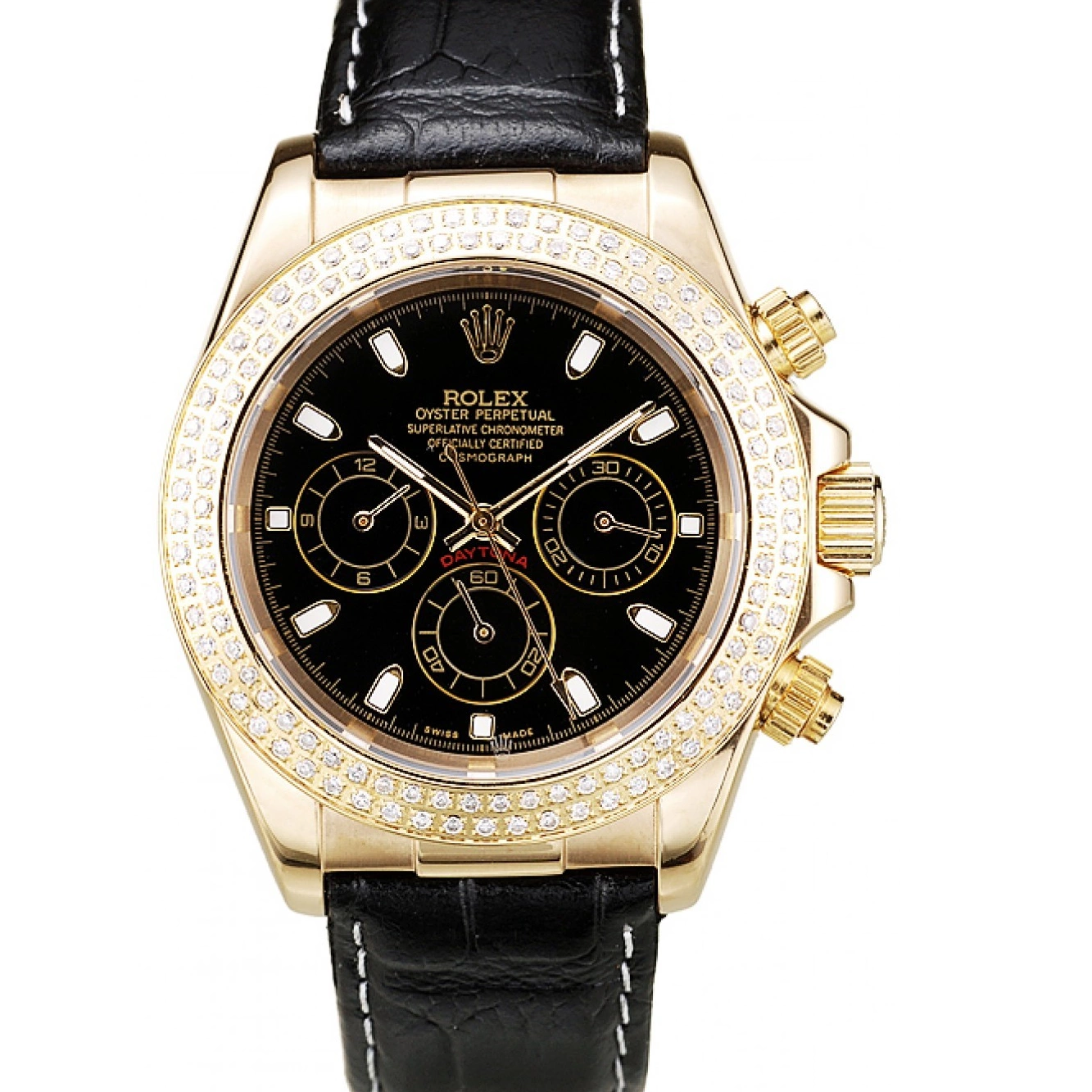 AAA replica watch Rolex Crystal Case Bezel Dial Gold Daytona Black Studded 0716
